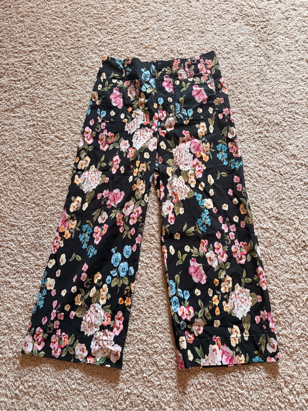 Maeve Anthropologie Black Floral Wide Leg Pants Pink Blue Size 31